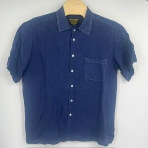 TUGU Mens Blue 100% Linen Handmade Short Sleeve Button Up Shirt Size Medium